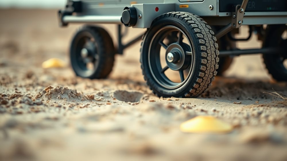 A wheeled ground penetrating radar device with transmitter and receiver antenna suspended above construction site survey markers on dry soil.